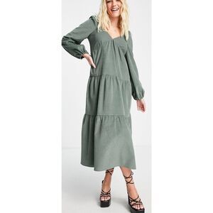 ASOS Design Tiered Cord Babydoll Dress Midi Smock Khaki Size 6 See Description